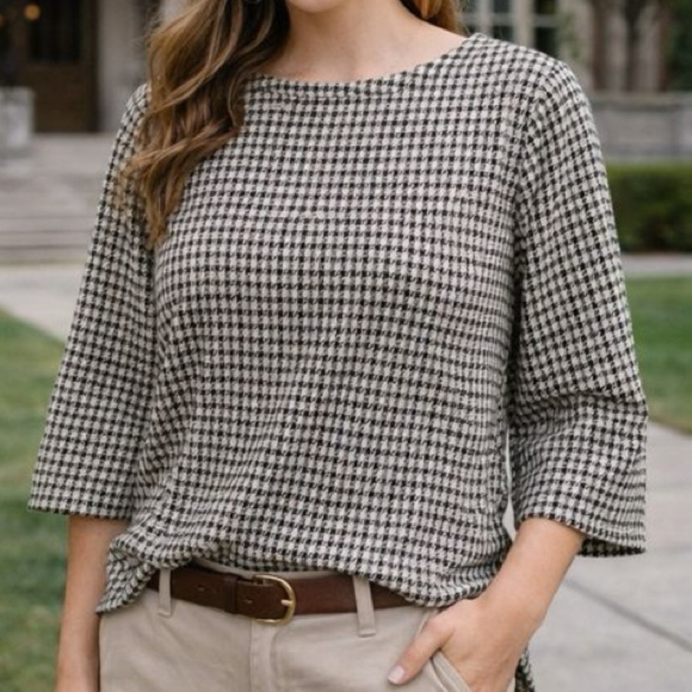 J Jill Top Womens‎ Petite Small Gray Houndstooth Ponte 3/4 Sleeve Preppy Classic